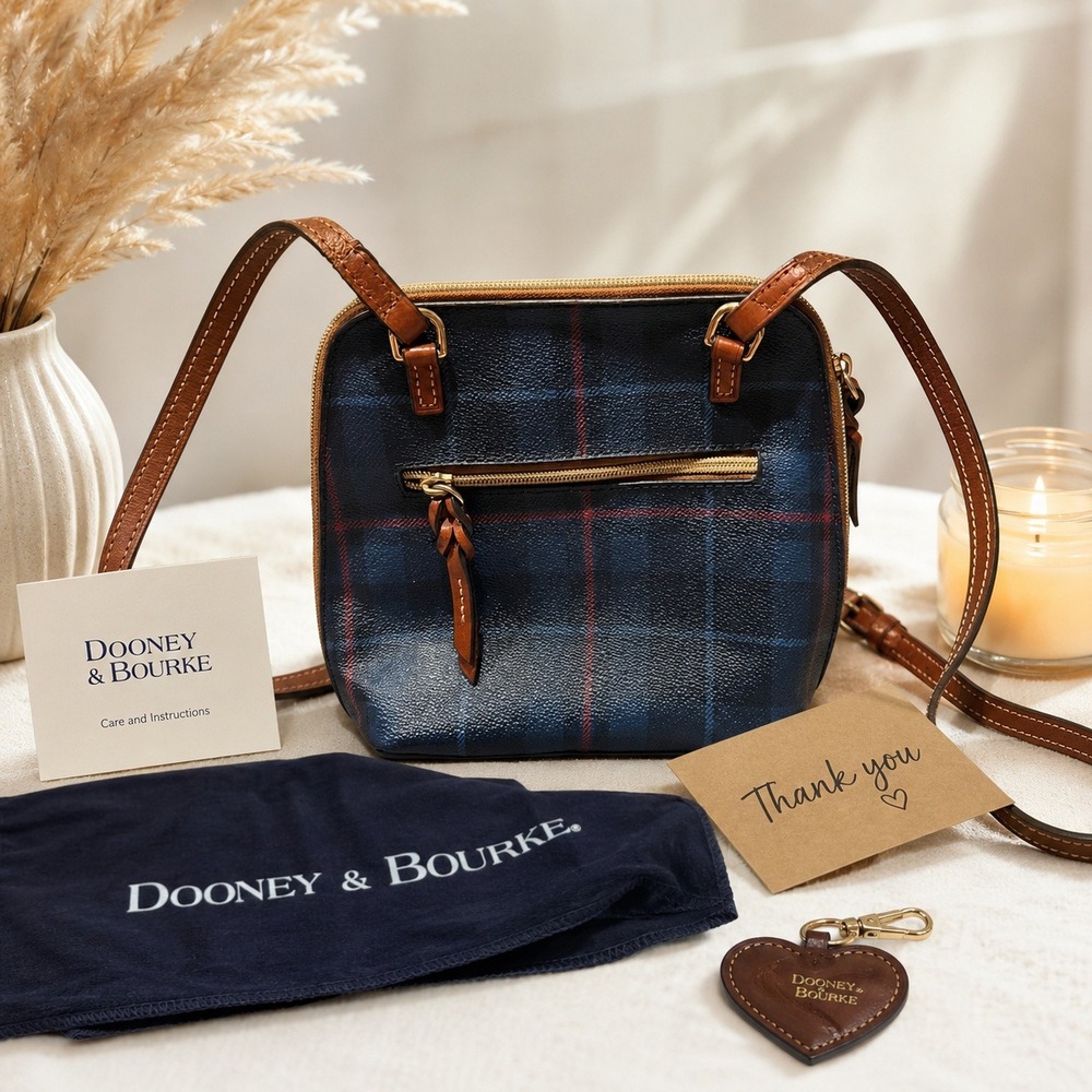 Dooney & Bourke Navy Blue Red Plaid Coated Canvas Crossbody Bag Leather Trim